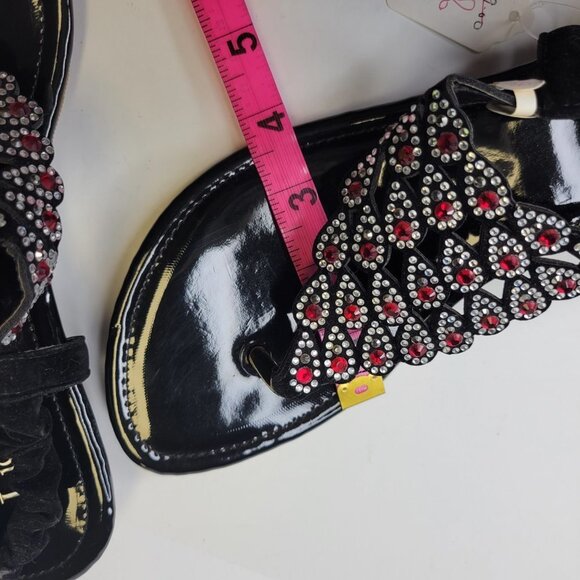 WOMENS Size 8 Black Glitter Sandals Silver Red Crystal Peacock Motif Shoes New - Picture 9 of 9